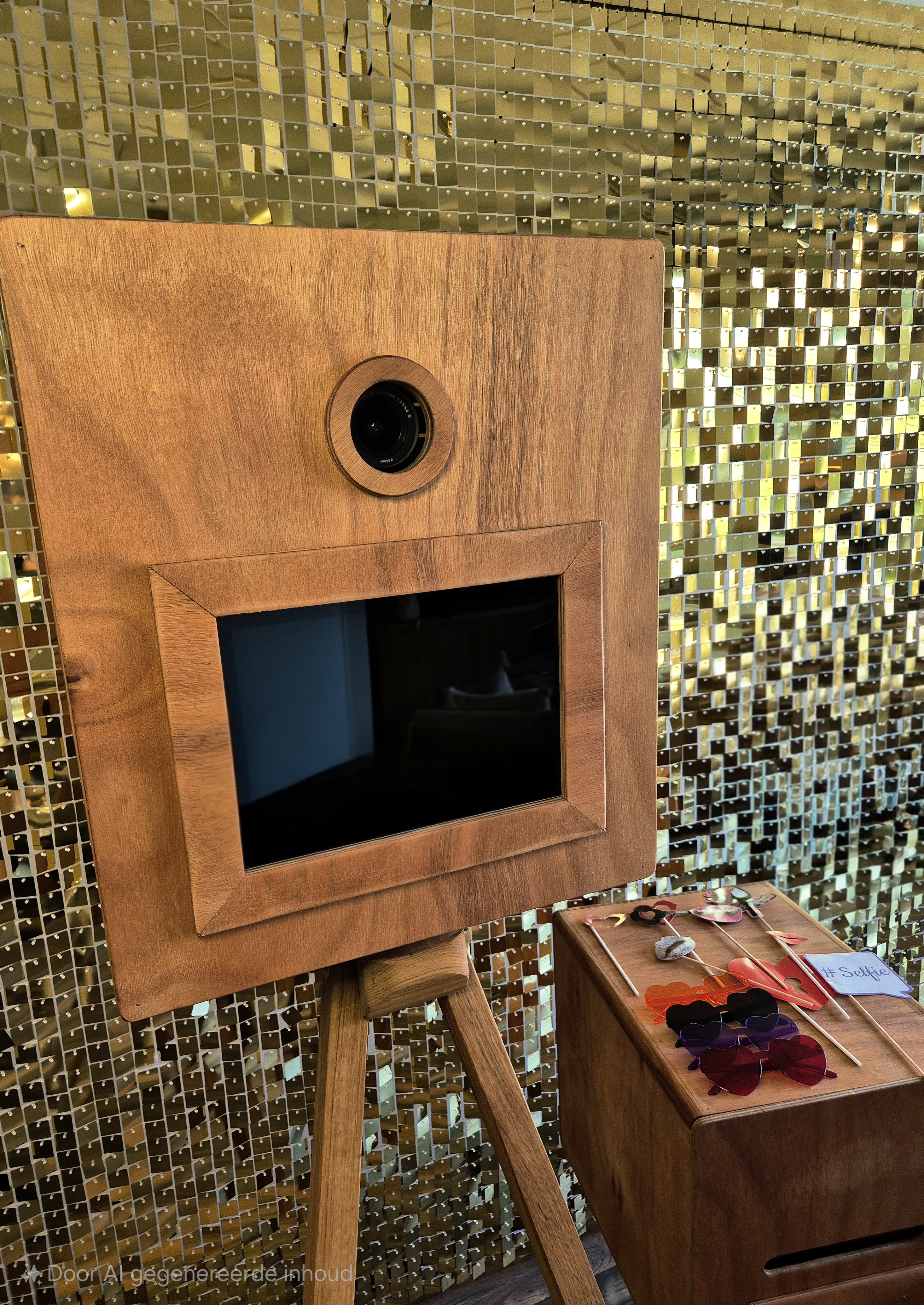 Een fotomoment met een houten fotokijker op een driepoot, naast een doos met accessoires voor selfies, op een glinsterende gouden achterg